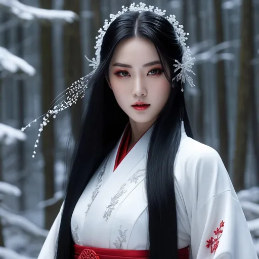 Prompt: Dazzling, beautiful, Yuki-onna also known as the 'snow witch', is a beautiful young woman, with skin so white it almost appears transparent and long black hair. advancing towards the camera, slender, toned, intensely angry expression, slight and mischievous smile, great red aura of anger, global illumination, intricate high quality textures in HD, 8K, UHD, HDR, DSLR, gigapixel and raw, detailed and realistic photographic details, with a detailed background, rendered in 32k octane, volumetric lighting, mysterious, specular reflections, backlight, acid trip. High definition digital art, V-Ray, highly detailed and intricate.