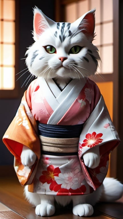 Prompt: A full-body image of a female cat, dressed in a kimono in the ancient Japanese style, an anthropomorphic cat, a cute and furry feminine-style feline, anthropomorphic art, white fur of a Persian cat, portrait of an anthropomorphic cat, an anthropomorphic tiger, a beautiful cat, feminine fursona, very beautiful furry art, an anthropomorphic cat, a cat girl. A beautiful female cat with detailed details. Japanese-style kimono, High-quality cover photography in HD, 8K, UHD, HDR, DSLR, gigapixel and raw, detailed and realistic, with a detailed background, night scene, rendered in 32k octane. Volumetric lighting, mysterious and specular reflections, backlight, acid trip (high-definition digital art, V-Ray, very detailed, intricate), Bloom (beautiful soft studio light), high-level lighting, artistic photography in sportswear t-shirt shorts and sneakers, strong contrast between light and darkness, atmospheric lighting, super detailed, (abstract dark background)