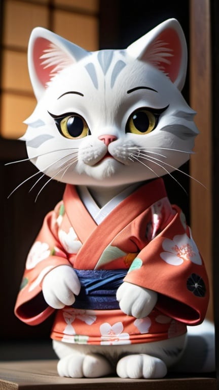 Prompt: A full-body image of a female cat, dressed in a kimono in the ancient Japanese style, an anthropomorphic cat, a cute and furry feminine-style feline, anthropomorphic art, white fur of a Persian cat, portrait of an anthropomorphic cat, an anthropomorphic tiger, a beautiful cat, feminine fursona, very beautiful furry art, an anthropomorphic cat, a cat girl. A beautiful female cat with detailed details. Japanese-style kimono, High-quality cover photography in HD, 8K, UHD, HDR, DSLR, gigapixel and raw, detailed and realistic, with a detailed background, night scene, rendered in 32k octane. Volumetric lighting, mysterious and specular reflections, backlight, acid trip (high-definition digital art, V-Ray, very detailed, intricate), Bloom (beautiful soft studio light), high-level lighting, artistic photography in sportswear t-shirt shorts and sneakers, strong contrast between light and darkness, atmospheric lighting, super detailed, (abstract dark background)