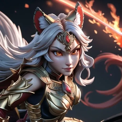 Prompt: Stunning, beautiful, kitsune, warrior advancing towards the camera, slim, toned, muscular, holding a very large spear with an elegant and shiny red blade, wild and long silver hair, bright golden eyes, intensely angry expression, slight mischievous smile, large red aura of rage, global illumination, intricate high-quality textures in HD, 8K, UHD, HDR, DSLR, gigapixel and raw, detailed and realistic photographic details, with a detailed background, rendered in 32k octane, volumetric lighting, mysterious, specular reflections, backlight, acid trip. High-definition digital art, V-Ray, highly detailed and intricate.