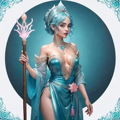 Prompt: ((Water Enchantress), with a finely carved wooden staff with a piece of pink coral at the tip, iridescent turquoise blue eyes, Elegant perfectionism, Surreal surprise, beautiful, captivating (fantastic) spectacular, adorned with seashells, very light blue hair, leather and linen outfit with shiny metal embellishments, High quality HD intricate textures, 8K, UHD, HDR, DSLR, gigapixel and raw, detailed and realistic photographic, background a dungeon, with a detailed background, rendered in 32k octane, volumetric lighting, mysterious, specular highlights, backlighting, acid trip. (high definition digital art, V-Ray, highly detailed, intricate), Bloom, (light and shadows in perfect balance), high key lighting, artistic photography.), (Red aesthetic), (Scenery), (Fauvist Wildness)
