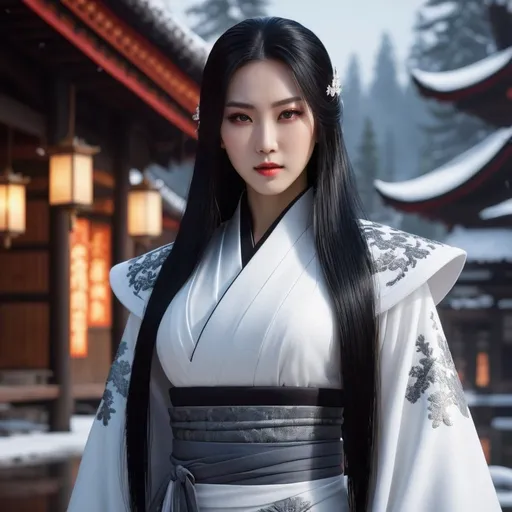 Prompt: Dazzling, beautiful, Yuki-onna also known as the 'snow witch', is a beautiful young woman, with skin so white it almost appears transparent and long black hair. advancing towards the camera, slender, toned, intensely angry expression, slight and mischievous smile, great red aura of anger, global illumination, intricate high quality textures in HD, 8K, UHD, HDR, DSLR, gigapixel and raw, detailed and realistic photographic details, with a detailed background, rendered in 32k octane, volumetric lighting, mysterious, specular reflections, backlight, acid trip. High definition digital art, V-Ray, highly detailed and intricate.