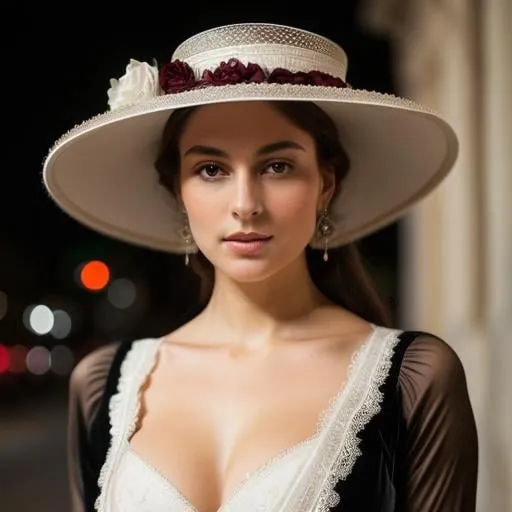 Prompt: Beautiful woman, full-bodied, elegant Victorian fashion, duality, dazzling beauty, elegant capelina hat, cream white and burgundy, dark shades of brown and white by Gustav Klimt, some black lace, velvet, silk, volumetric lighting, nighttime scene on the street with dark background, aura, delicate face, intense expression, perfect eyes, perfect mouth, perfect nose, delicate lace, translucent dance texture, 16k resolution, sharp focus, hyperrealistic detailed design by Blanche Rutkowski Repin on Artstation, 8k resolution, stunning, something that doesn't even exist, mythical being, dazzling beauty, pure perfection, divine presence, unforgettable, dazzling beauty, volumetric light, auras, rays, vibrant reflecting colors. High quality photography in HD, 8K, UHD, HDR, DSLR, gigapixel and unprocessed, detailed and realistic, with elaborate background. Conceptual ideas, post-processing, elegant perfectionist centered image. Macro effect. Perfect painting, impressive oil, sublime brushstrokes, style of Miguel Ángel Buonarroti.