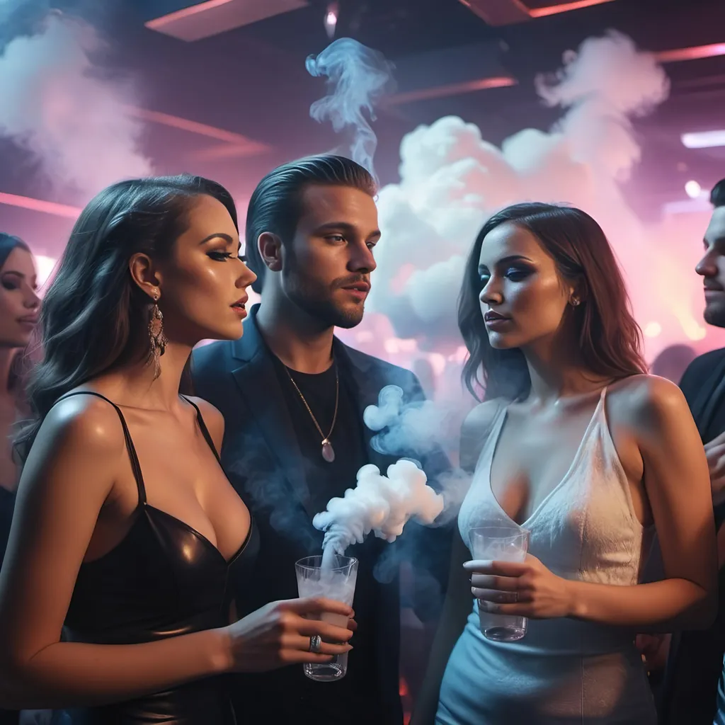 Prompt: beautiful people in a las vegas nightclub, partying, dj, lasers, smoke drinking cloud beverages ultra realistic realistic photography 35mm, 4k