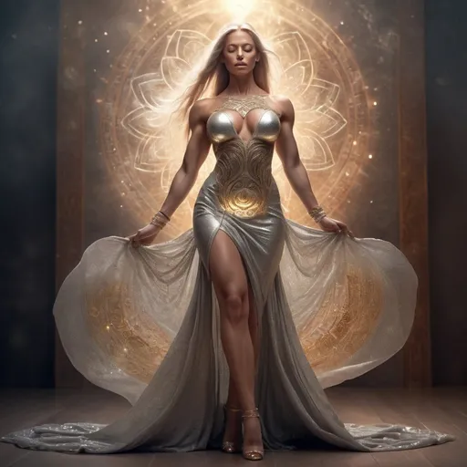 Prompt: Full body, full shot,  gorgeous ultra-muscular 25-year-old Finnish goddess bodybuilder with huge busom wearing silver and golden glittering dress, silver bangles and 8 inch high heel shoes, distant view,  Soft ethereal glow, celestial aura, serene spiritual atmosphere, gentle whispers of wind, divine guidance, intricate sacred symbols, harmonious balance of light and shadow, mystical incantation, intricate patterns, ethereal beings, spiritual journey depiction, symbolic elements, warm and comforting color palette, subtle and soothing lighting, digital art, intricate details, emotional depth, by fantasy artists on DeviantArt.
