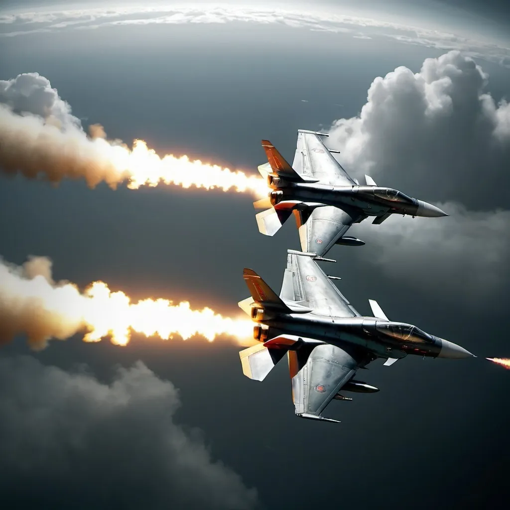 Prompt: two opposing modern fighter jets locked in a dogfight, imposing, sense of sleek power, ejecting flares, sleek against a dark, cloudy background