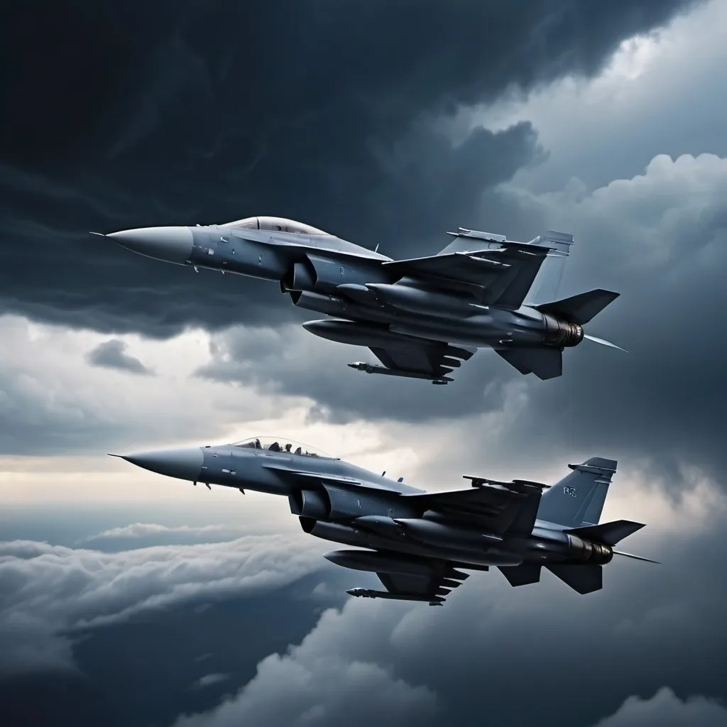 Prompt: (two modern fighter jets performing complex maneuvers), dynamic aerial display, dark cloudy sky backdrop, deep dark blue and grey tones, stormy atmosphere, thrilling action, high-speed performance, dramatic light contrasts, powerful engines roaring, ultra-detailed, photorealistic, cinematic feel, high quality 4K imagery.