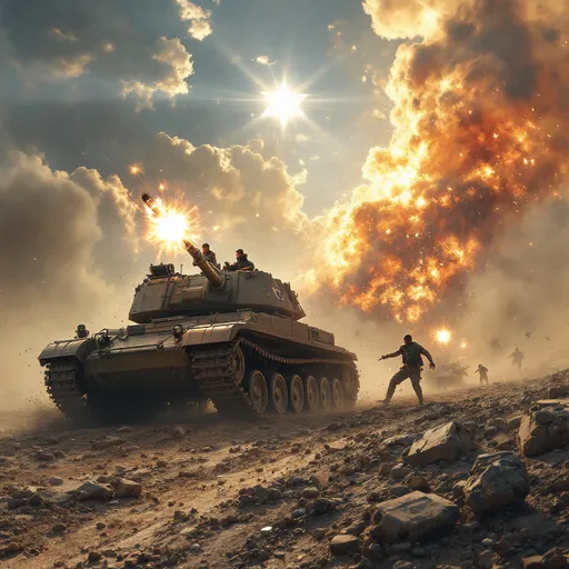 Prompt: Tanks shoot at terrorists, terrorists are falling down, in the sky Magen David is shining