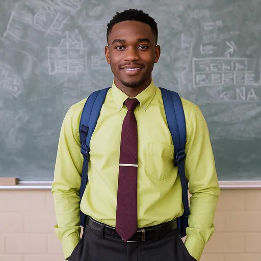 Prompt: A lemon green shirt on back trousers plus wine tie on Nigerian student 