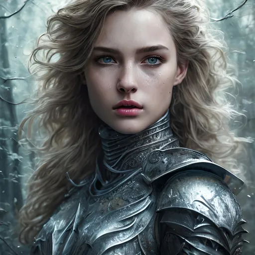 Prompt: Extraordinary detailed, extremely sharp, high reflections, cinematic, ultra realistic, full-length female portrait, holy knight, steel armor, forest, masterpiece, light background, detailed face, detailed body, shoulder-length hair, intense hazel eyes, detailed eyes, centered, wavy blonde hair, delicate lips, depth field, mid-30's.
