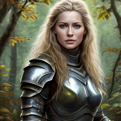 Prompt: High resolution hyper realistic painting, uhd, hdr, 64k, full body portrait of a forest scene and a beautiful mid-30s blonde woman with shoulder-length hair wearing steel armor and hazel eyes