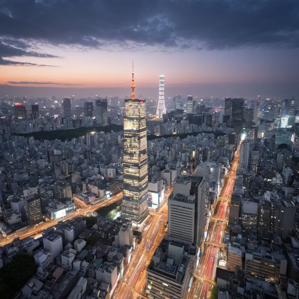 Prompt: 背景に東京の風景、忙しく歩く人々の画像