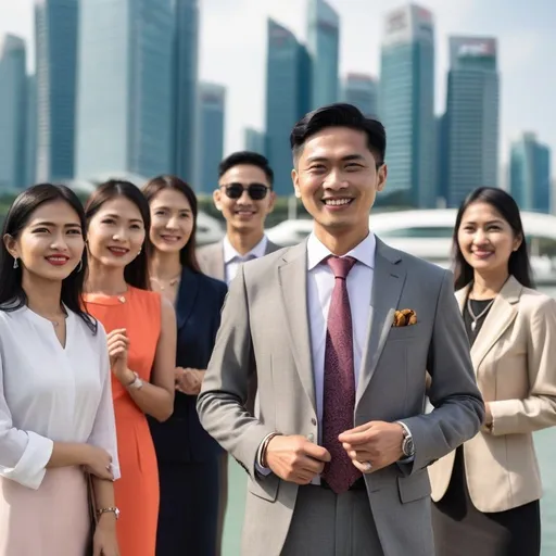 Prompt: A portrait photograph showing a trustworthy consultant in suit welcoming a group of smartly dressed Chinese and Indian customers to the sunny outdoor Singapore Marina Bay