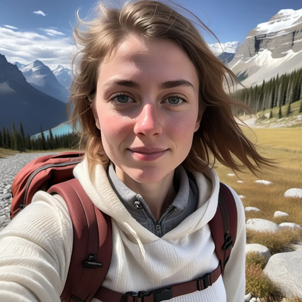 Prompt: Please generate a 30 year old white female Brit with the name mia, short brownish chestnut rough hair blowing slightly in the wind, wearing a white jumper and carrying a reddish-brown travel backpack taking selfies in the Canadian Rockies, real rough human skin