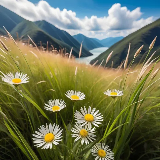 Prompt: pretty close up flowers with pretty grass and sky with clouds and tiny birds in the distance shinny rivers moutains