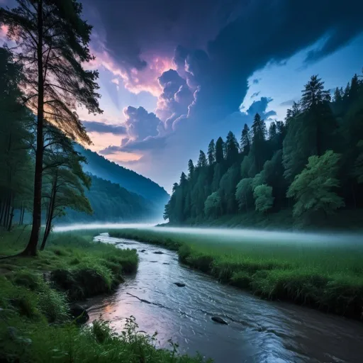 Prompt: rainy forest with river pretty sky at night 