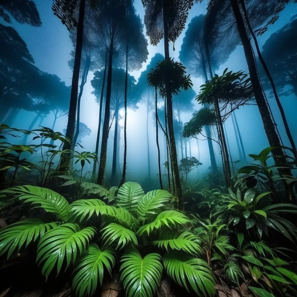 Prompt: rain forest with fog trees at night  pretty