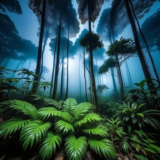 Prompt: rain forest with fog trees at night  pretty