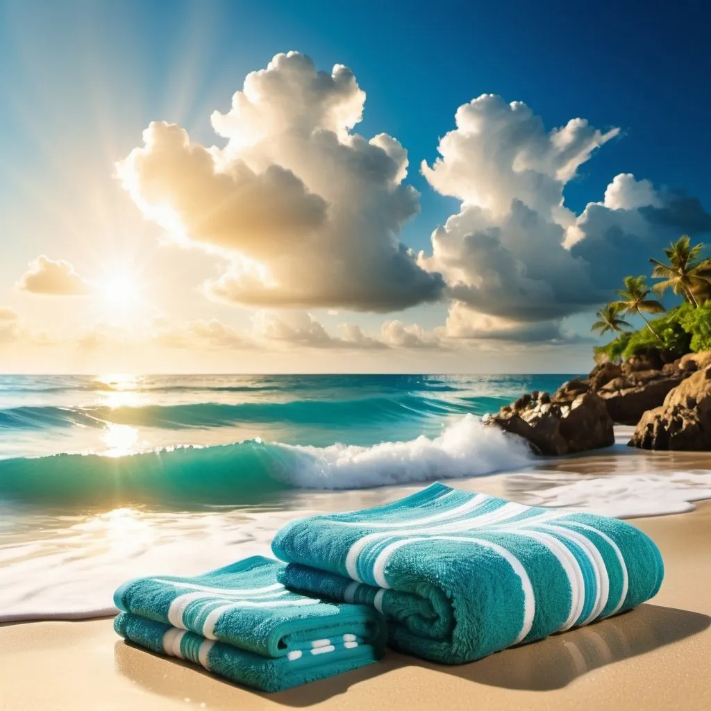 Prompt: pretty shiny  ocean with beach waves and fish towels and a little bit of rocks clouds and 