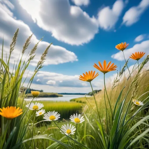 Prompt: pretty close up flowers with pretty grass and sky with clouds and tiny birds in the distance shinny rivers 