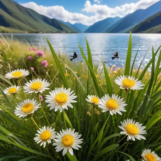 Prompt: pretty close up flowers with pretty grass and sky with clouds and tiny birds in the distance shinny rivers moutains