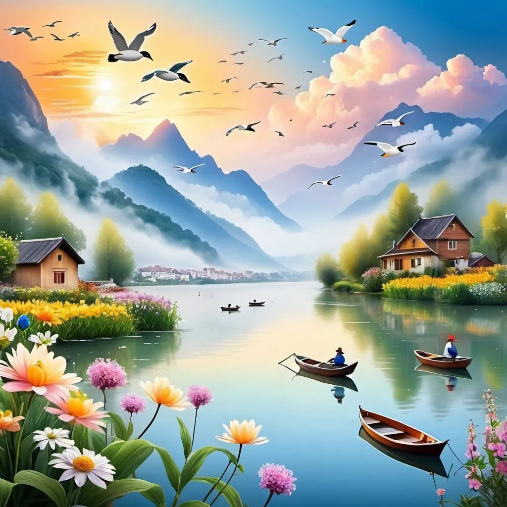 Prompt: pretty sky with flowers plants mountains clouds fog with boats in the river ducks and birds flying in the sky