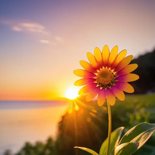 Prompt: pretty sunset in background  beautiful flower close up