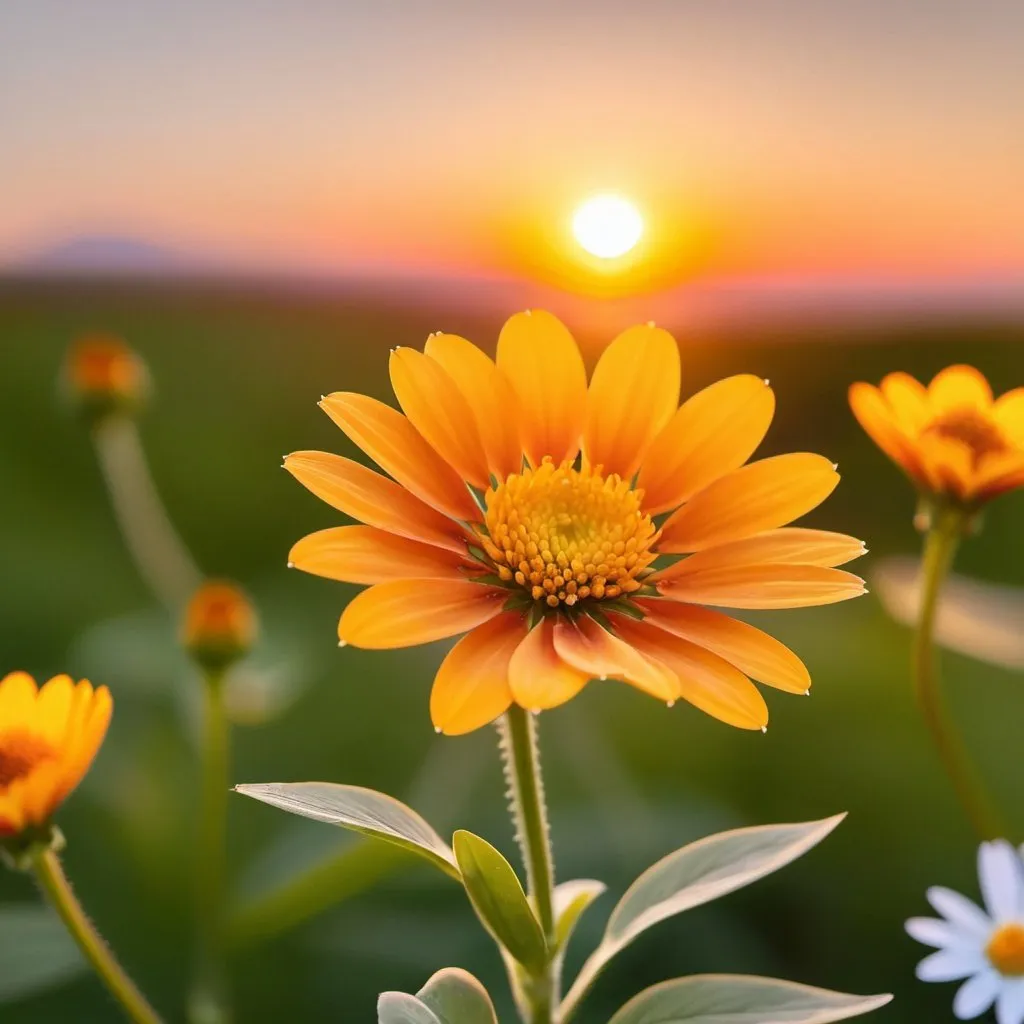 Prompt: pretty sunset in background  beautiful flower close up