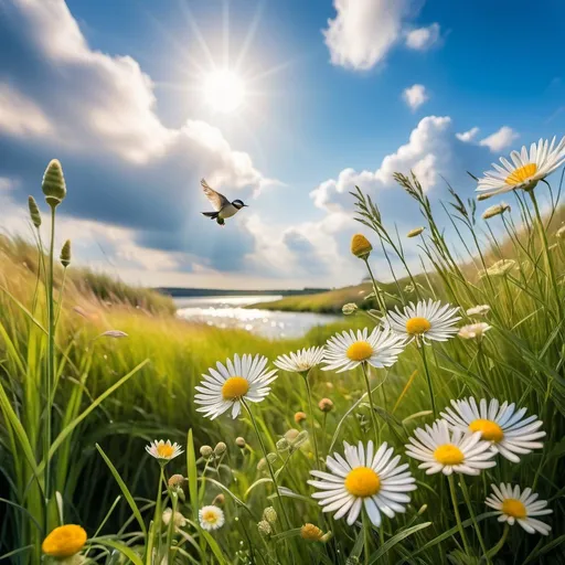 Prompt: pretty close up flowers with pretty grass and sky with clouds and tiny birds in the distance shinny rivers 