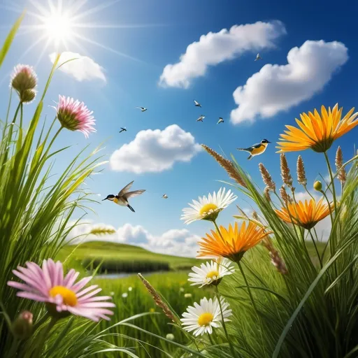 Prompt: pretty close up flowers with pretty grass and sky with clouds and tiny birds in the distance shinny rivers 