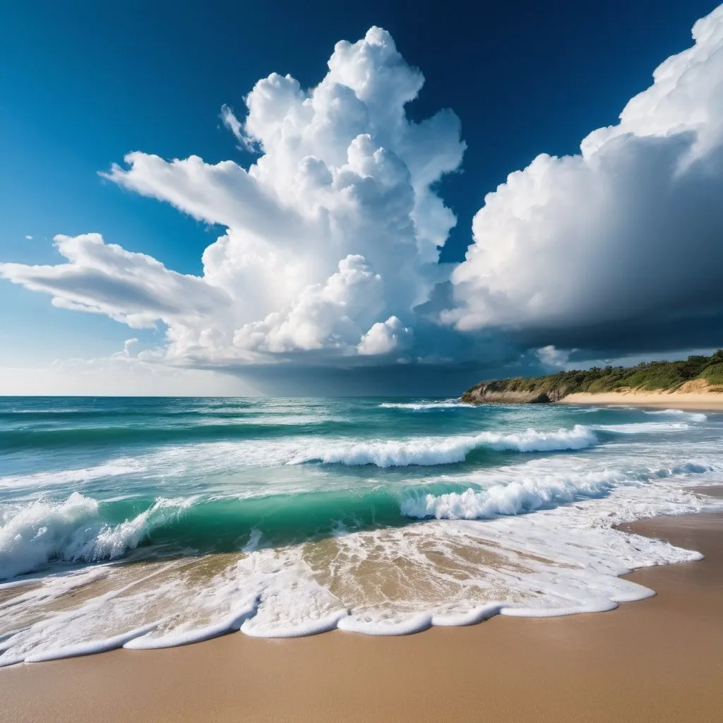 Prompt: ocean with waves beach and clouds