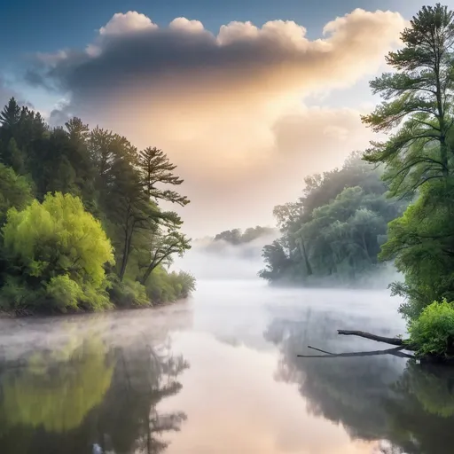 Prompt: river clouds fog and trees