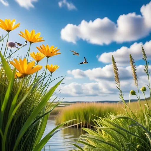 Prompt: pretty close up flowers with pretty grass and sky with clouds and tiny birds in the distance shinny rivers boats 