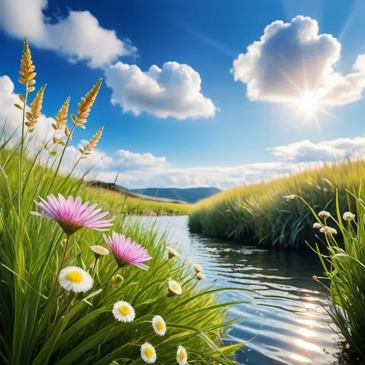 Prompt: pretty close up flowers with pretty grass and sky with clouds and tiny birds in the distance shinny rivers 