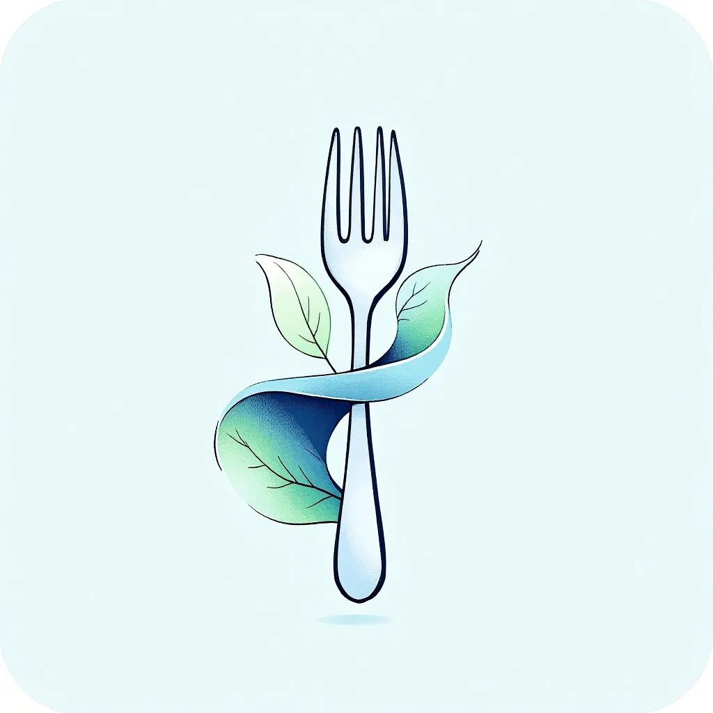 Prompt: A minimalist icon showing a stylized plant leaf morphing into a fork, with a subtle camera shutter element in the background, using green and blue gradient colors.