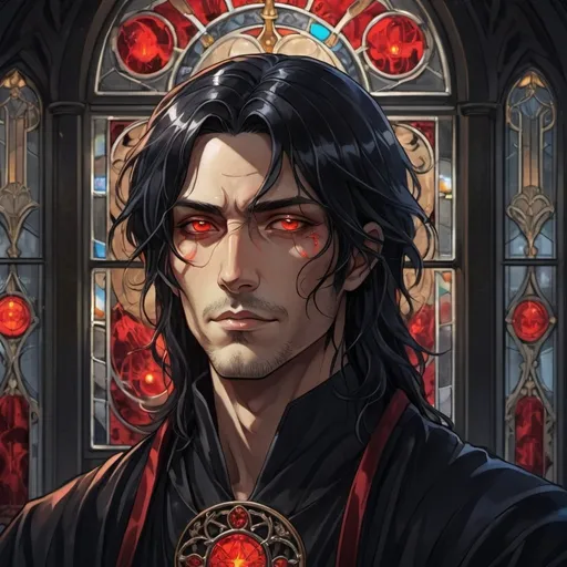 Prompt: tarot card Anime illustration, man with long black hair, glowing red eyes, smirking, detailed glass stained window, dramatic lighting, wearing black robes, smooth skin