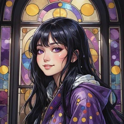 Prompt: tarot card Anime illustration, japanese woman with long, black hair, and purple eyes, cheeky smile, detailed glass stained window, dramatic lighting, wearing a polka-dot raincoat