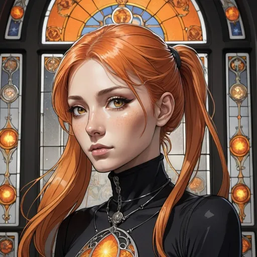 Prompt: tarot card Anime illustration, a orange-haired woman with long ponytail and side fringe, silver eyes, detailed glass stained window, dramatic lighting, black turtleneck