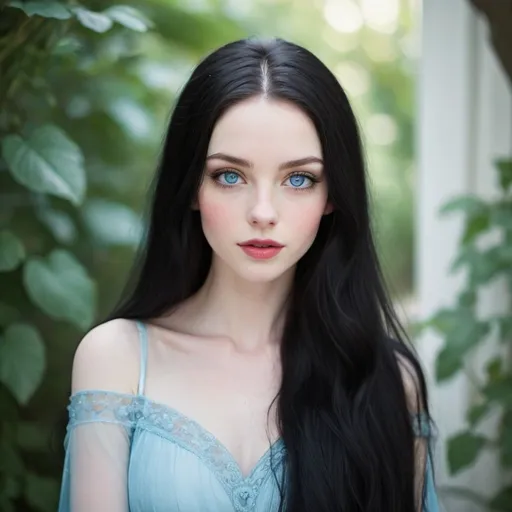 Prompt: Light pale skin, Vibrant Icy-blue eyes, very Long black hair, petite, long lashes, plump lips
