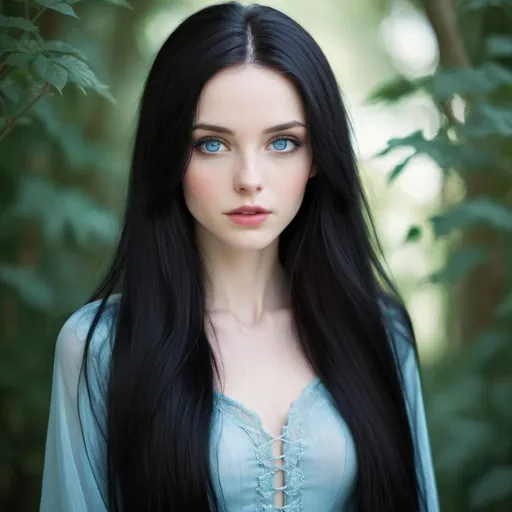 Prompt: beautiful, slender, pretty, captivating, alluring, luscious long black hair, icy blue eyes, pale skin, 