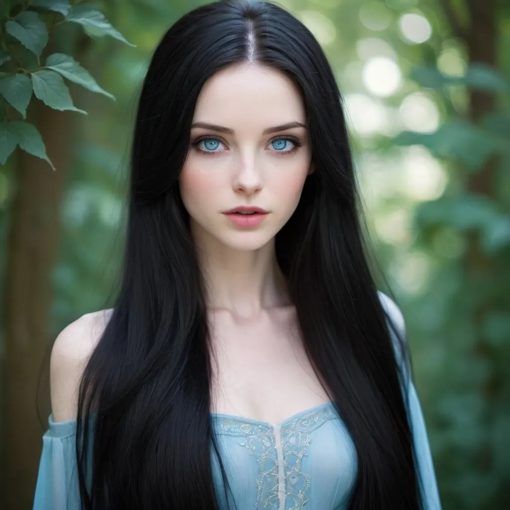 Prompt: beautiful, slender, pretty, captivating, alluring, luscious long black hair, icy blue eyes, pale skin, 