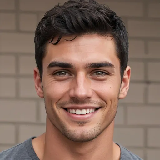 Prompt: Short thick black hairstyle, Hazel eyes, Broad-shoulders, Rugged, chiseled jawline, Handsome guy, Smiling with dimples, alluring gaze, stern, jock