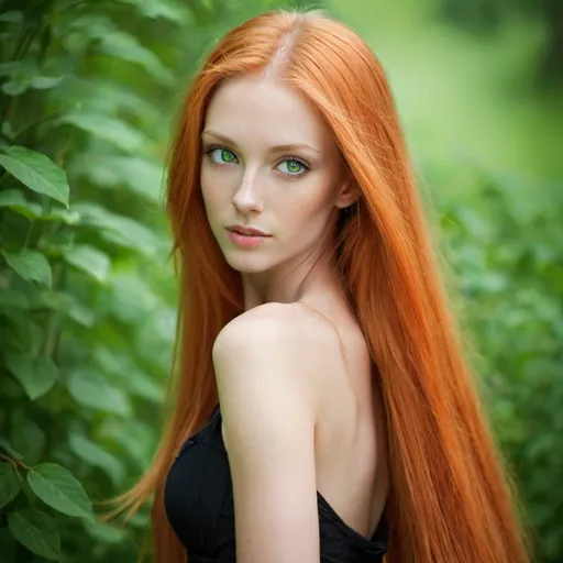 Prompt: Long Orange Hair, Fair Skin, Green Eyes, Beautiful, Graceful, Slender Woman