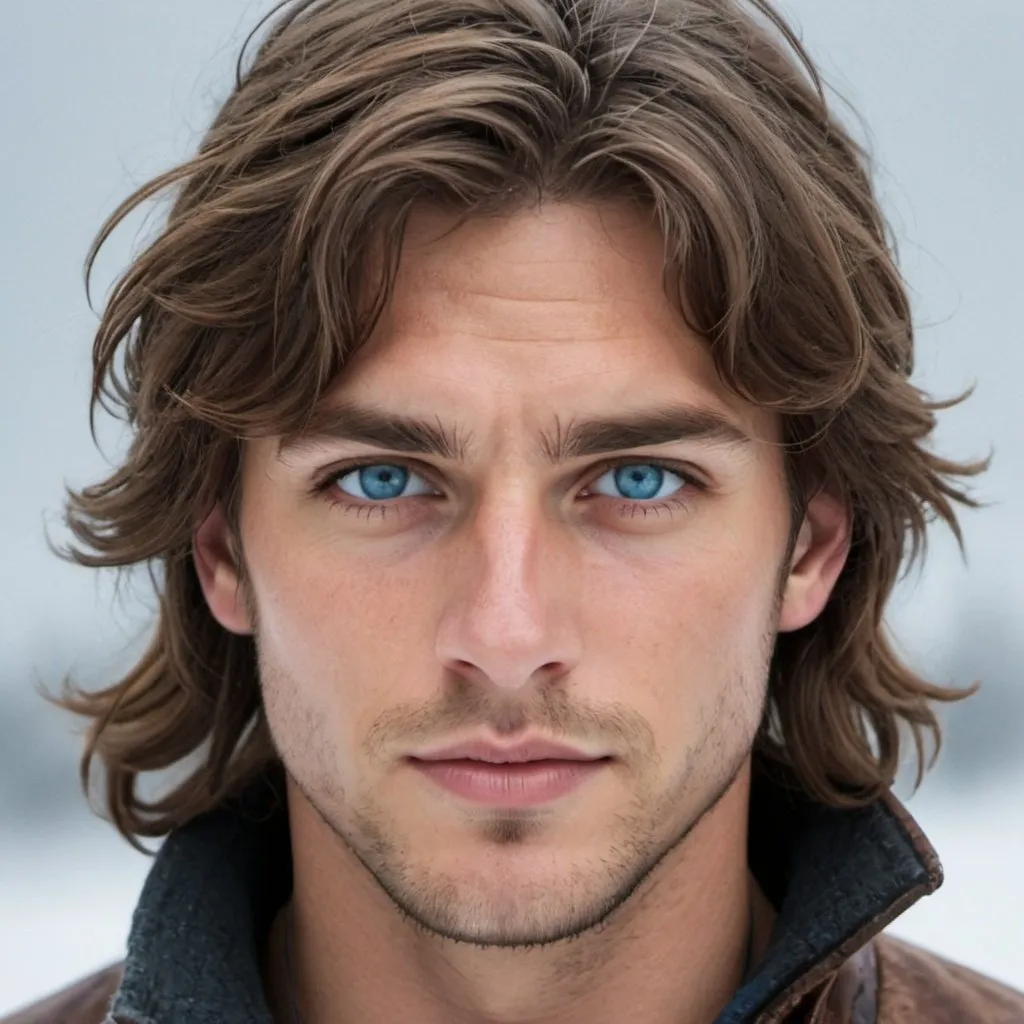 Prompt: Handsome, rugged, brown hair, icy blue eyes