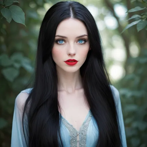Prompt: beautiful, slender, pretty, captivating, alluring, luscious long black hair, icy blue eyes, pale skin, Red lips