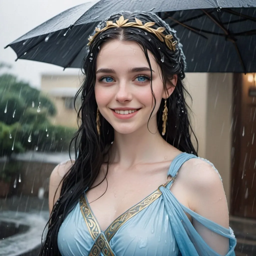 Prompt: Pale girl, with long black hair, with icy blue eyes, smiling, Wearing a Greek goddess outfit, and it's raining outside, and she's soaking wet