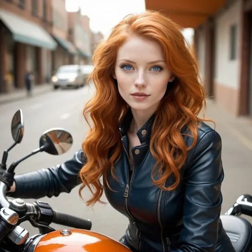 Prompt: full wavy medium orange Hair, Fair Skin, Blue Eyes, Beautiful, Graceful, Slender Woman, leather suit, motorcycle