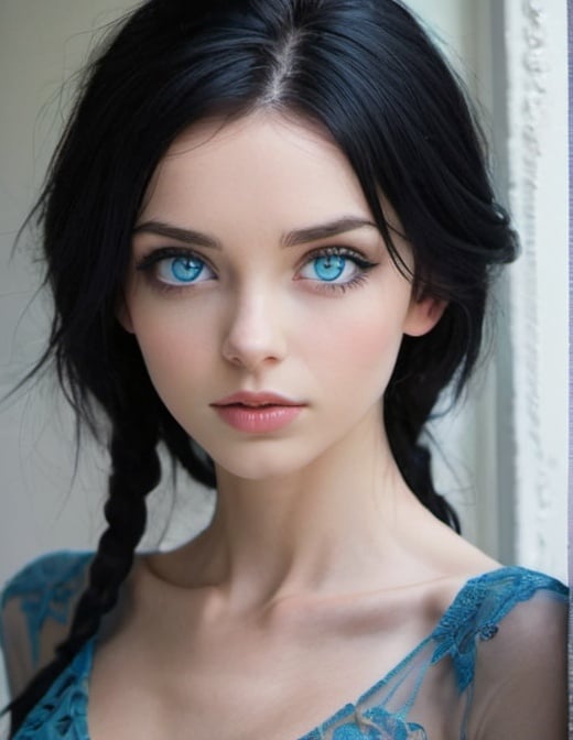 Prompt: beautiful, slender, pretty, captivating, alluring, black hair, icy blue eyes,