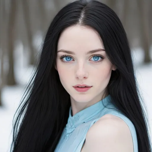 Prompt: Light pale skin, Vibrant Icy-blue eyes, very Long black hair

