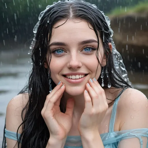 Prompt: Pale girl with long black hair and icy blue eyes, soaking wet from rain, she wears a see through Greek goddess outfit, she's smiling while touching her lips 